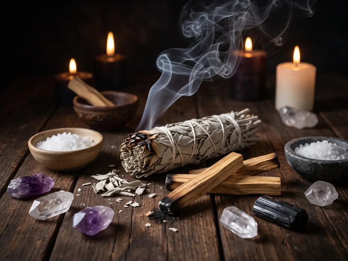 Atado de salvia humeante junto a palo santo, sal y cristales